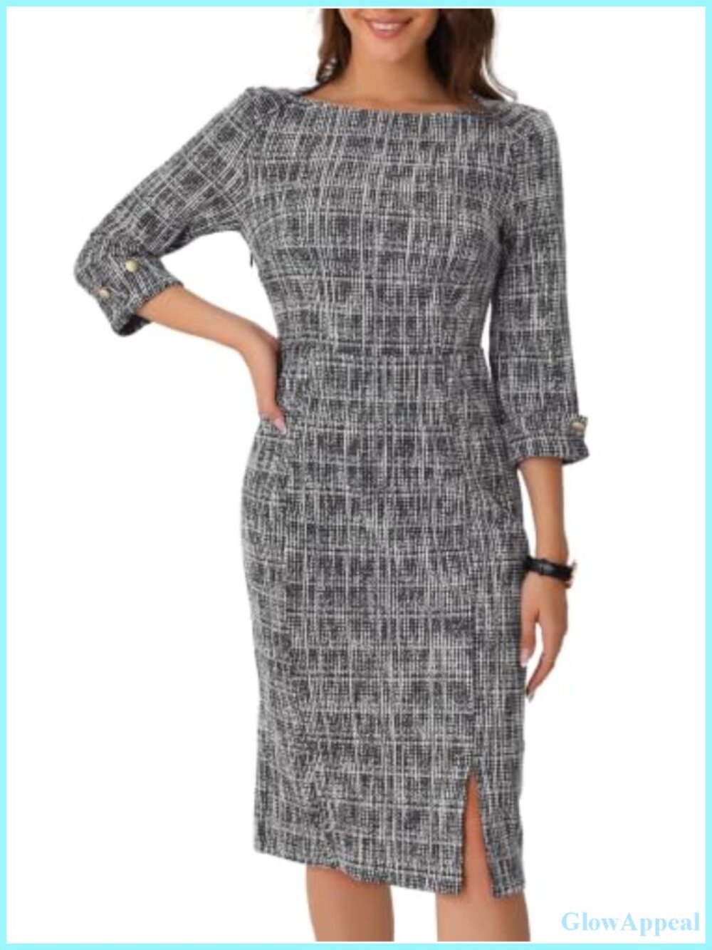 Elegant Tweed Boat Neck 3/4 Sleeve Work Pencil Sheath Dress